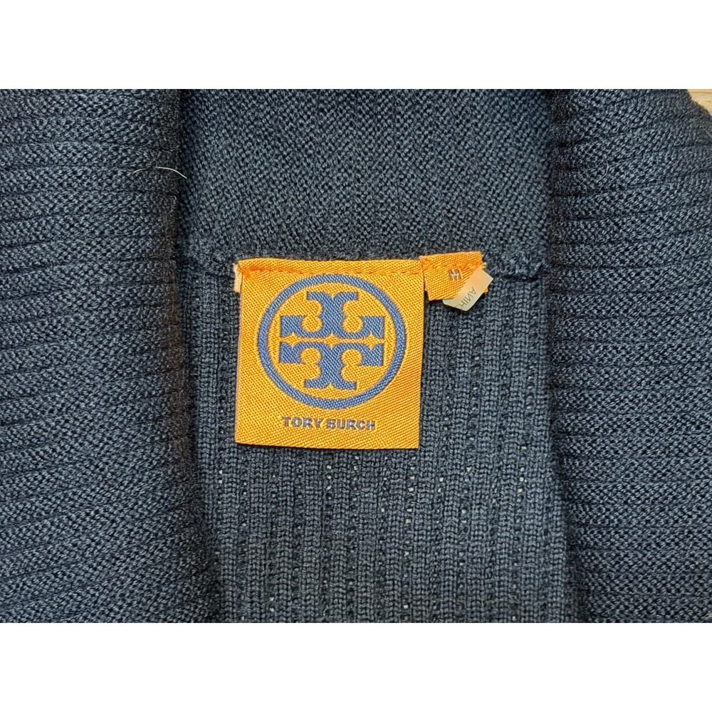 Tory Burch Marcia Navy Wool Ribbed Longline Cardigan Sweater Gold Buttons Sz M - Picture 5 of 9